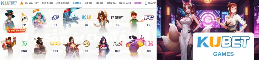 Banner KU Games với nhân vật hoạt hình và logo các nhà cung cấp trò chơi như PP, PT, PG, FC, BNG, CQ9, DS, RK5 và DB trong giao diện Kubet.