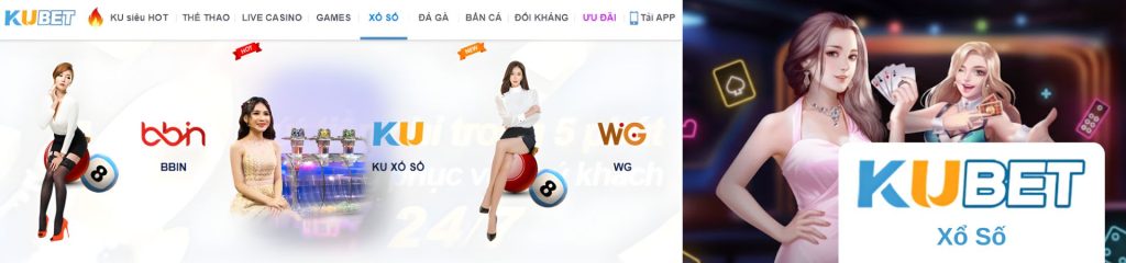 Banner KUBET Xổ Số với hình người mẫu logo BBIN KU Xổ Số và WG trong danh mục xổ số của Kubet Vietnam